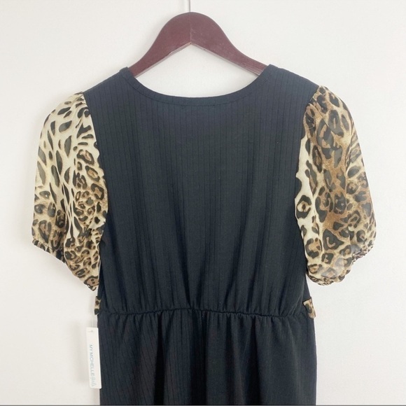 My Michelle Girls Black Ribbed Leopard Print Short Puff Sleeve Dress Sz 14 NEW - Picture 7 of 9